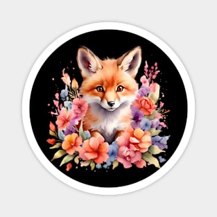 A red fox decorated with beautiful watercolor flowers Magnet